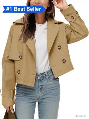 Cropped Trench Coat Double Breasted Notch Lapel Loose Fit Lightweight Jacket